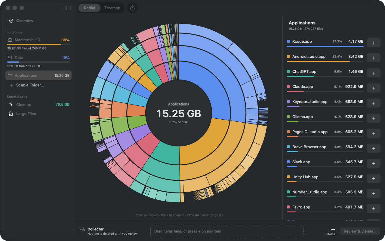 Femto showing a disk as a sunburst chart, with its largest folders listed beside it