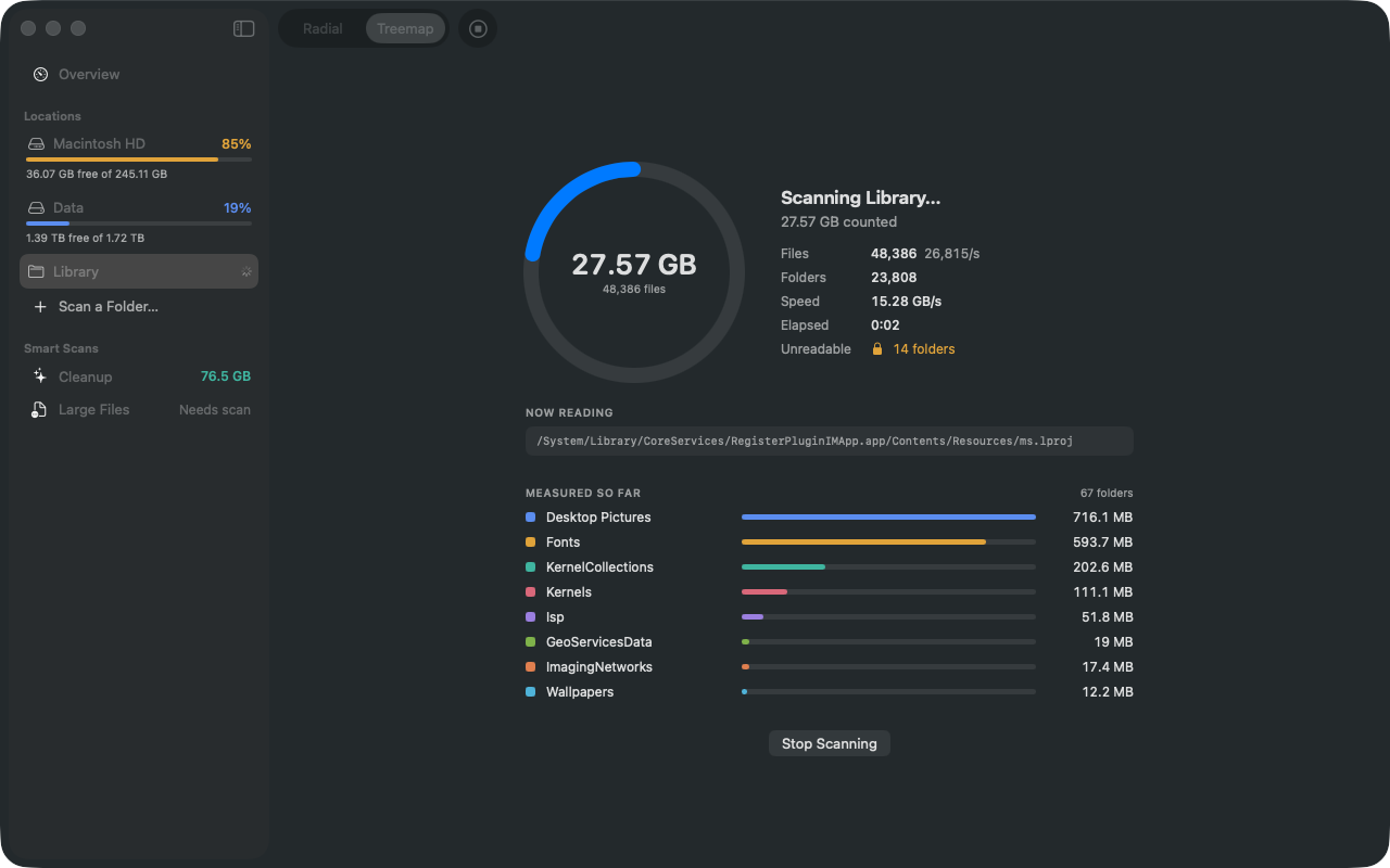 A scan in progress, with live counts and the folders measured so far